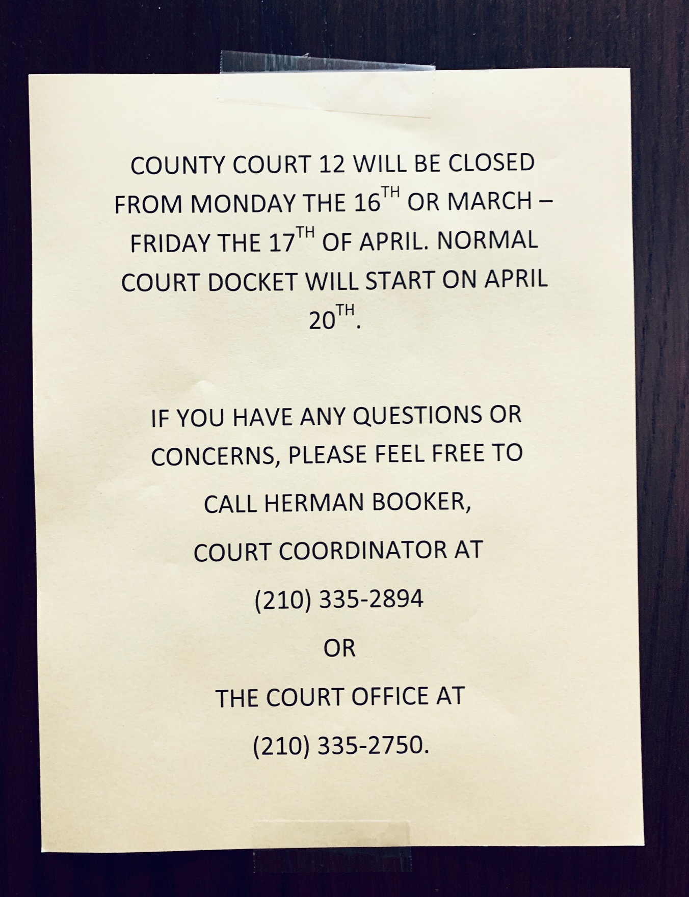 Bexar County court notice, March 2020