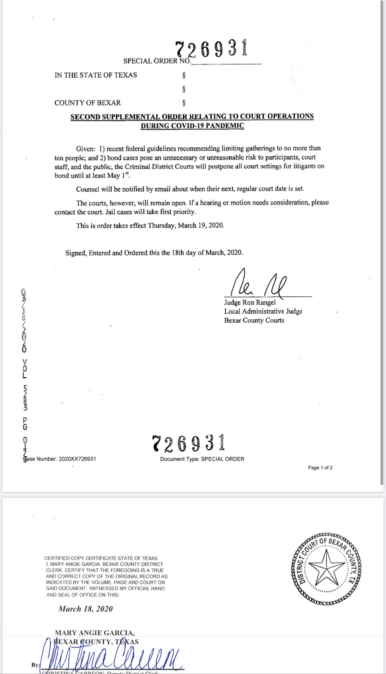Bexar County court notice, March 2020