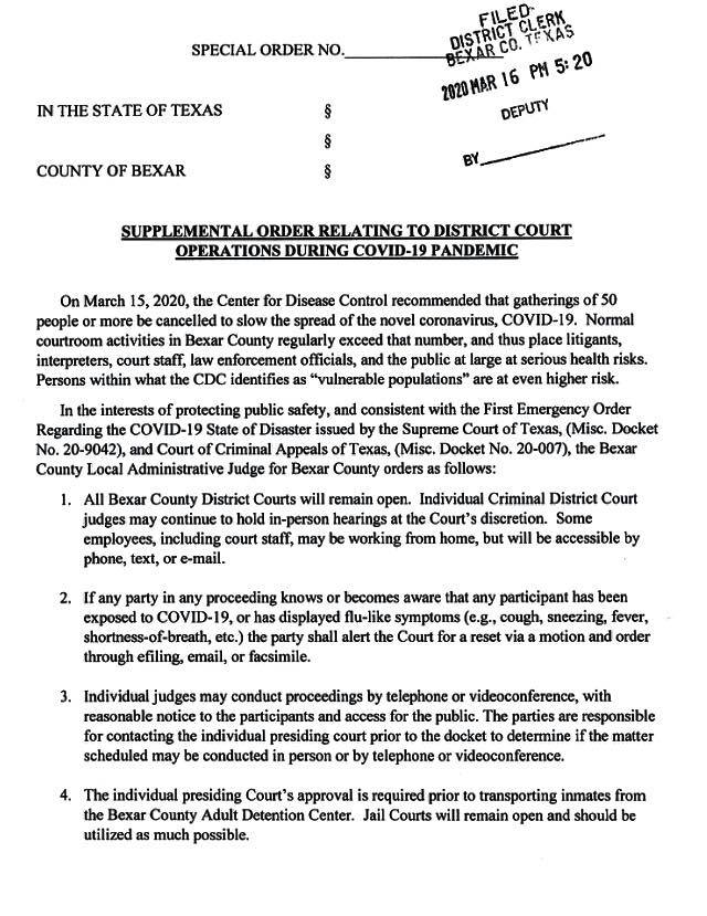Bexar County court notice, March 2020